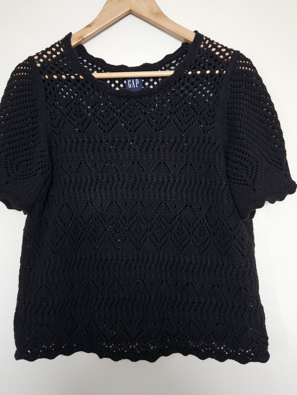 GAP Crochet Short Sleeve Knit Top Black Medium 100% Cotton